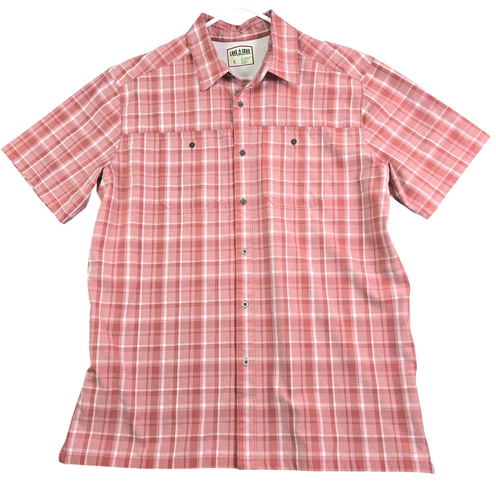 Lake & Trail‎ Vented Button Shirt Men's Large Pink Plaid Hiking Camping Outdoors